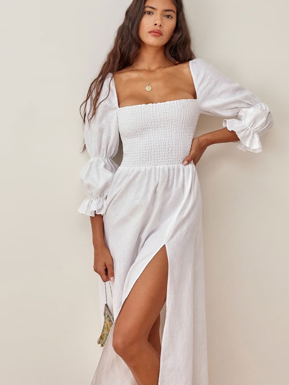 Reformation Hyland Linen Midi Dress White Smocked Slit Puff Sleeves Size XS